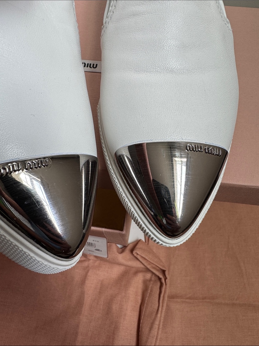 Miu Miu White Skate Sneaker Leather Slip-On Loafers with Silver Cap Toes | 38.5 - Picture 3 of 11